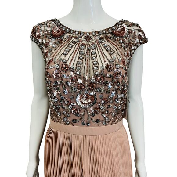 AIDAN MATTOX Pink Sequin Lace Embellished Jewel Neck Pleated Maxi Dress Gown 6 - Picture 4 of 7